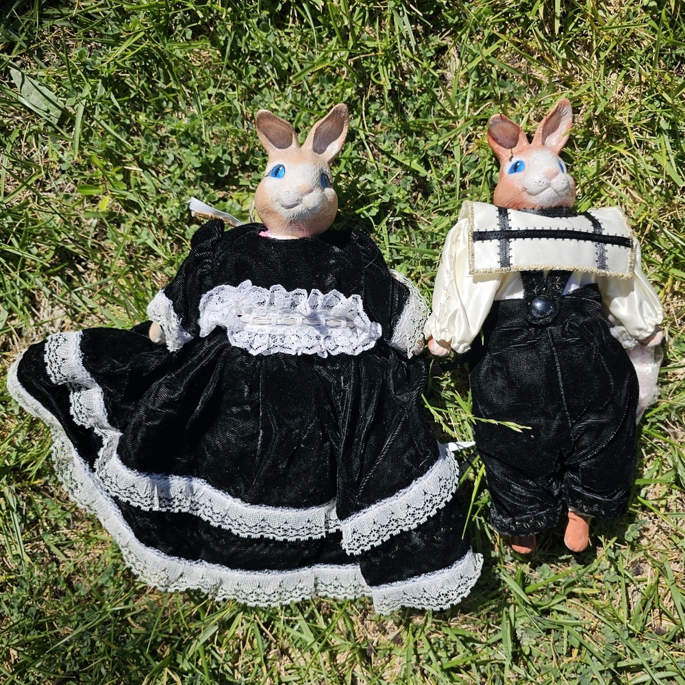 2 Vintage Duncan Bunny Rabbit Dolls Ceramic Face Hands Feet Cloth Body 11" FLAW